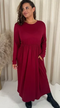 CurveWow Long Sleeve Jersey Pocket Midi Dress Wine