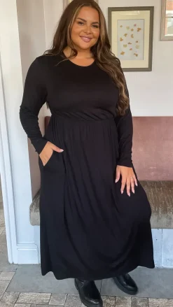 CurveWow Long Sleeve Jersey Pocket Midi Dress Black
