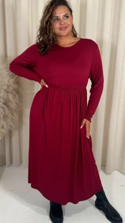 CurveWow Long Sleeve Jersey Pocket Midi Dress Wine