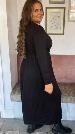 CurveWow Long Sleeve Jersey Pocket Midi Dress Black