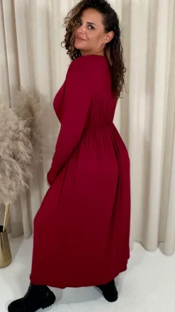 CurveWow Long Sleeve Jersey Pocket Midi Dress Wine