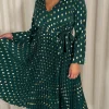 CurveWow Long Sleeve Pleated Wrap Dress Green Spot