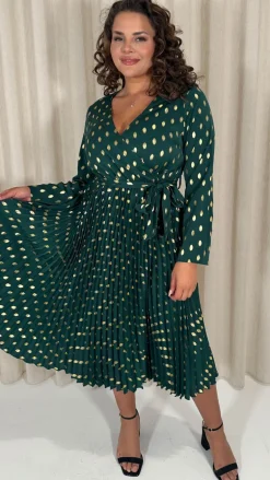 CurveWow Long Sleeve Pleated Wrap Dress Green Spot
