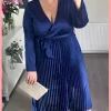 CurveWow Long Sleeve Pleated Wrap Dress Navy