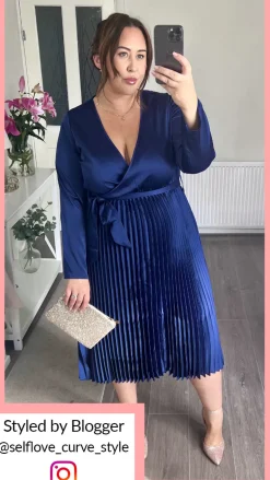 CurveWow Long Sleeve Pleated Wrap Dress Navy