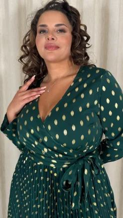 CurveWow Long Sleeve Pleated Wrap Dress Green Spot