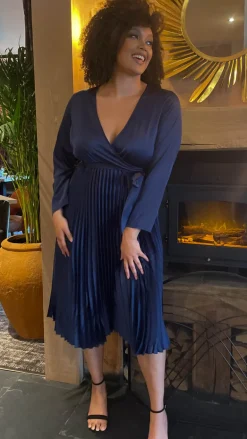 CurveWow Long Sleeve Pleated Wrap Dress Navy