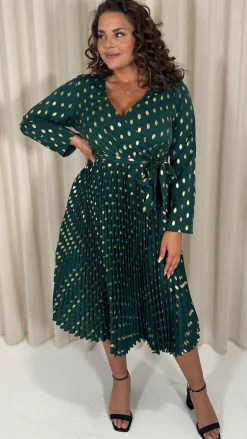 CurveWow Long Sleeve Pleated Wrap Dress Green Spot