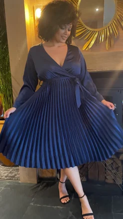 CurveWow Long Sleeve Pleated Wrap Dress Navy
