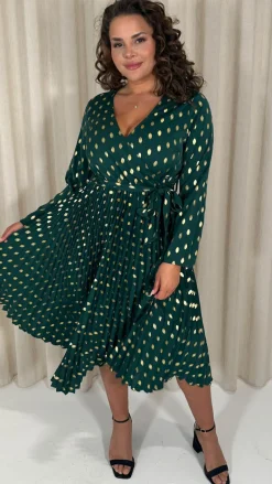 CurveWow Long Sleeve Pleated Wrap Dress Green Spot