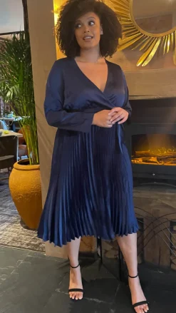 CurveWow Long Sleeve Pleated Wrap Dress Navy