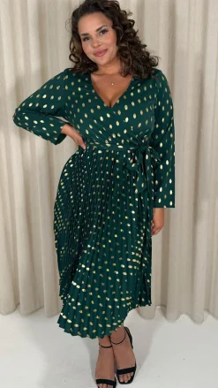 CurveWow Long Sleeve Pleated Wrap Dress Green Spot
