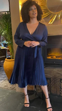 CurveWow Long Sleeve Pleated Wrap Dress Navy