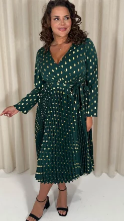 CurveWow Long Sleeve Pleated Wrap Dress Green Spot