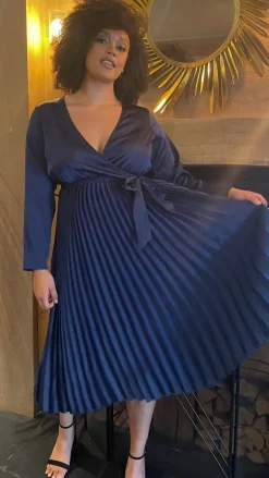 CurveWow Long Sleeve Pleated Wrap Dress Navy