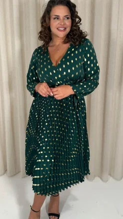 CurveWow Long Sleeve Pleated Wrap Dress Green Spot