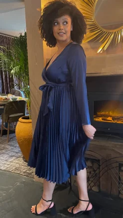 CurveWow Long Sleeve Pleated Wrap Dress Navy