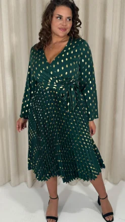 CurveWow Long Sleeve Pleated Wrap Dress Green Spot