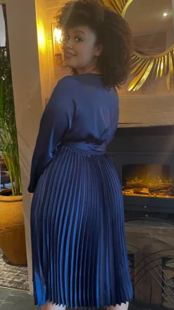 CurveWow Long Sleeve Pleated Wrap Dress Navy