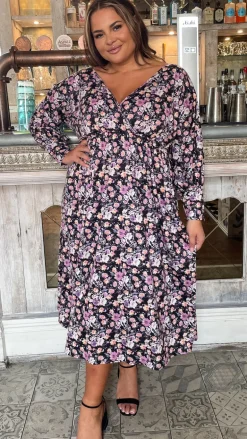 CurveWow Long Sleeve Tie Back Wrap Dress Floral