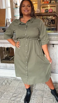 CurveWow Long Sleeve Tie Waisted Dress Khaki