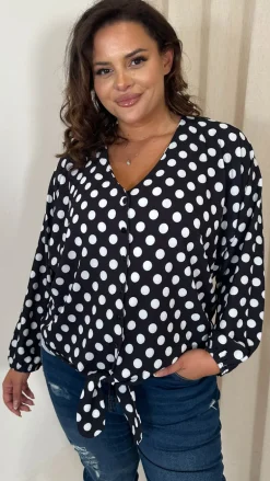 CurveWow Long Sleeve Tie Front Shirt White Polka Dot