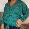 CurveWow Long Sleeve Tie Front Shirt Green Leopard