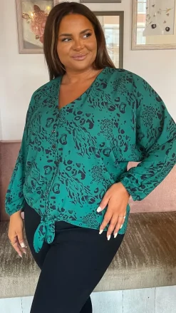 CurveWow Long Sleeve Tie Front Shirt Green Leopard