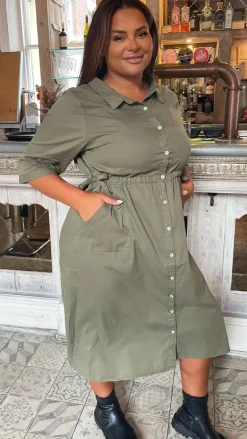 CurveWow Long Sleeve Tie Waisted Dress Khaki