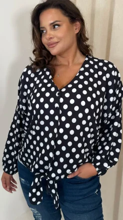CurveWow Long Sleeve Tie Front Shirt White Polka Dot