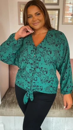 CurveWow Long Sleeve Tie Front Shirt Green Leopard