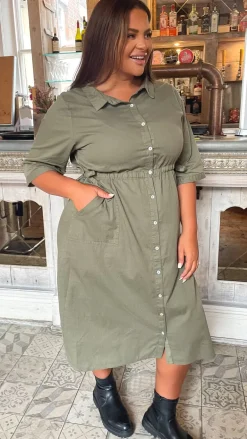 CurveWow Long Sleeve Tie Waisted Dress Khaki