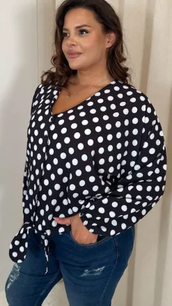 CurveWow Long Sleeve Tie Front Shirt White Polka Dot
