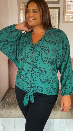 CurveWow Long Sleeve Tie Front Shirt Green Leopard