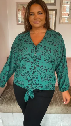 CurveWow Long Sleeve Tie Front Shirt Green Leopard
