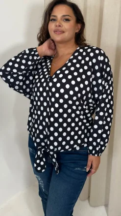 CurveWow Long Sleeve Tie Front Shirt White Polka Dot