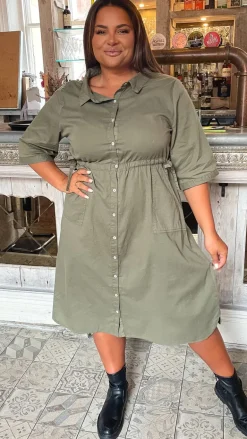 CurveWow Long Sleeve Tie Waisted Dress Khaki