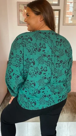 CurveWow Long Sleeve Tie Front Shirt Green Leopard
