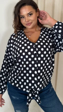 CurveWow Long Sleeve Tie Front Shirt White Polka Dot