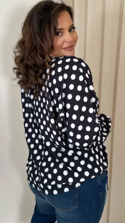 CurveWow Long Sleeve Tie Front Shirt White Polka Dot