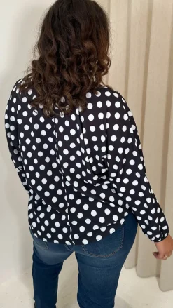 CurveWow Long Sleeve Tie Front Shirt White Polka Dot
