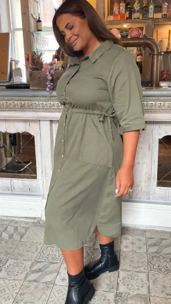 CurveWow Long Sleeve Tie Waisted Dress Khaki