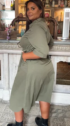 CurveWow Long Sleeve Tie Waisted Dress Khaki