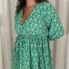 CurveWow Long Sleeve Wrap Mini Dress Green Ditsy Floral