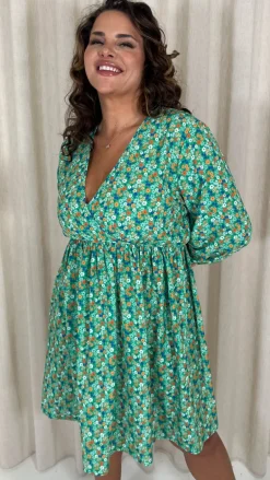 CurveWow Long Sleeve Wrap Mini Dress Green Ditsy Floral