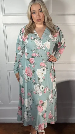 CurveWow Long Sleeve Wrap Dress Green Floral