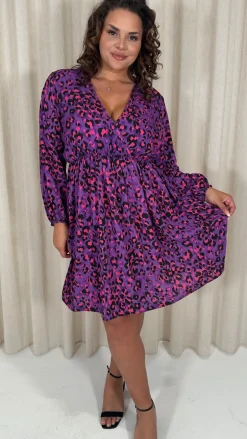 CurveWow Long Sleeve Wrap Mini Dress Purple Animal