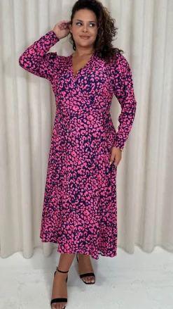 CurveWow Long Sleeve Wrap Dress Navy Animal