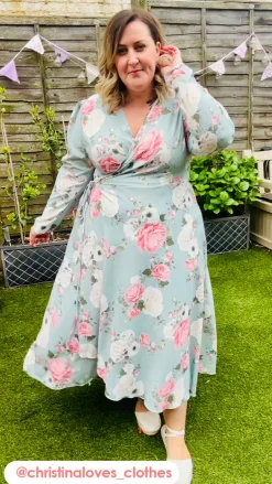 CurveWow Long Sleeve Wrap Dress Green Floral