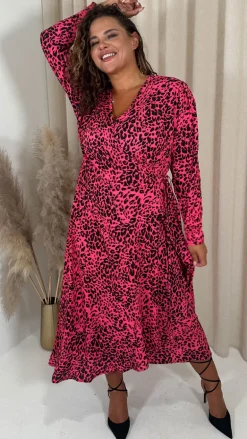 CurveWow Long Sleeve Wrap Dress Pink Animal